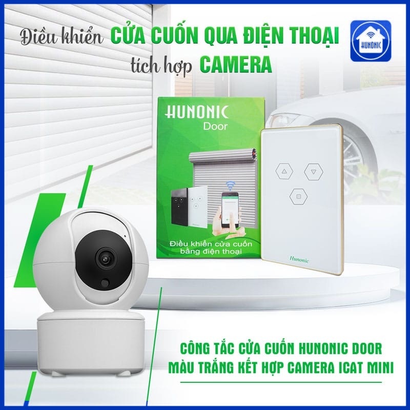 Combo Công Tắc Cửa Cuốn Hunonic Màu Trắng Kết Hợp Camera Icat Mini
